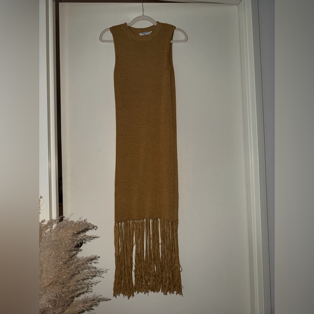 Sleeveless Knit Fringe Maxi Dress - Mustard
